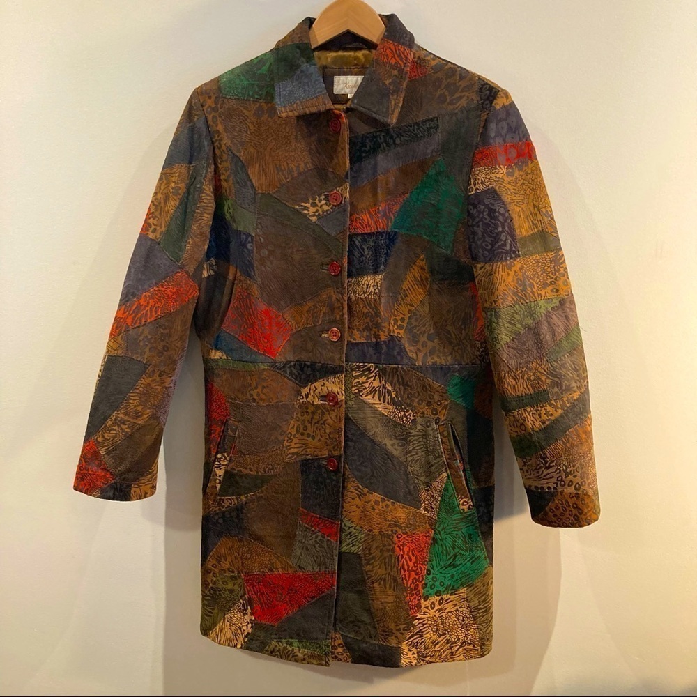 KROSHETTA Sz M Leather Patchwork Knee Length Colourful Lined Coat with  Pockets